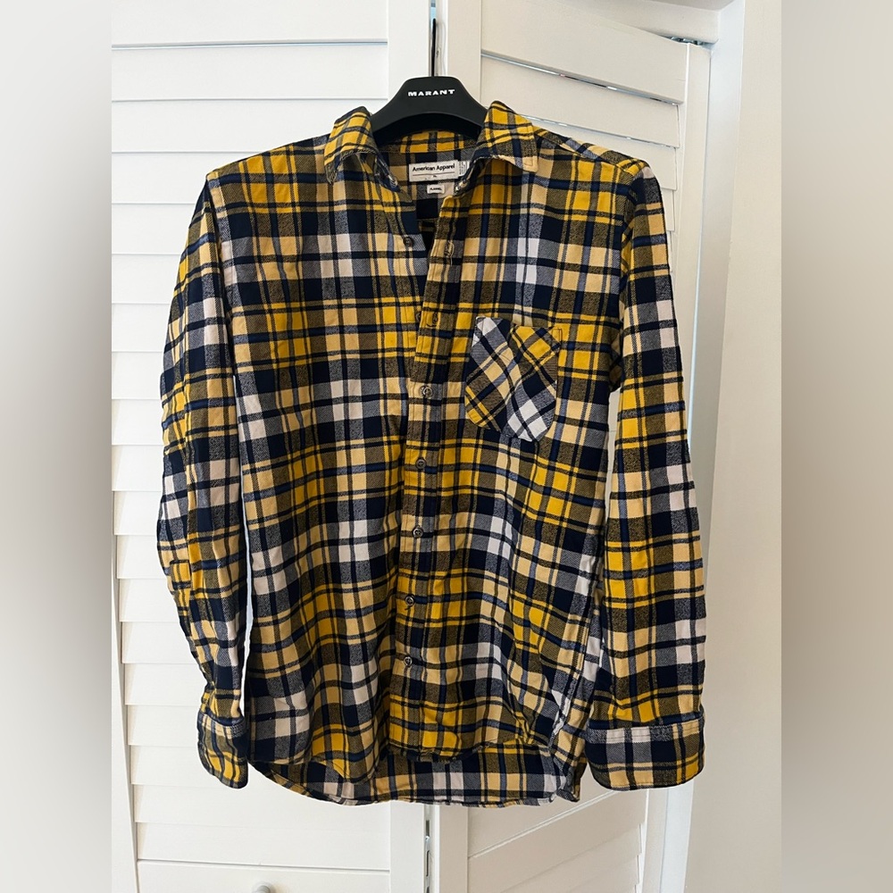 American Apparel Men's Yellow/Navy Plaid Flannel Shirt